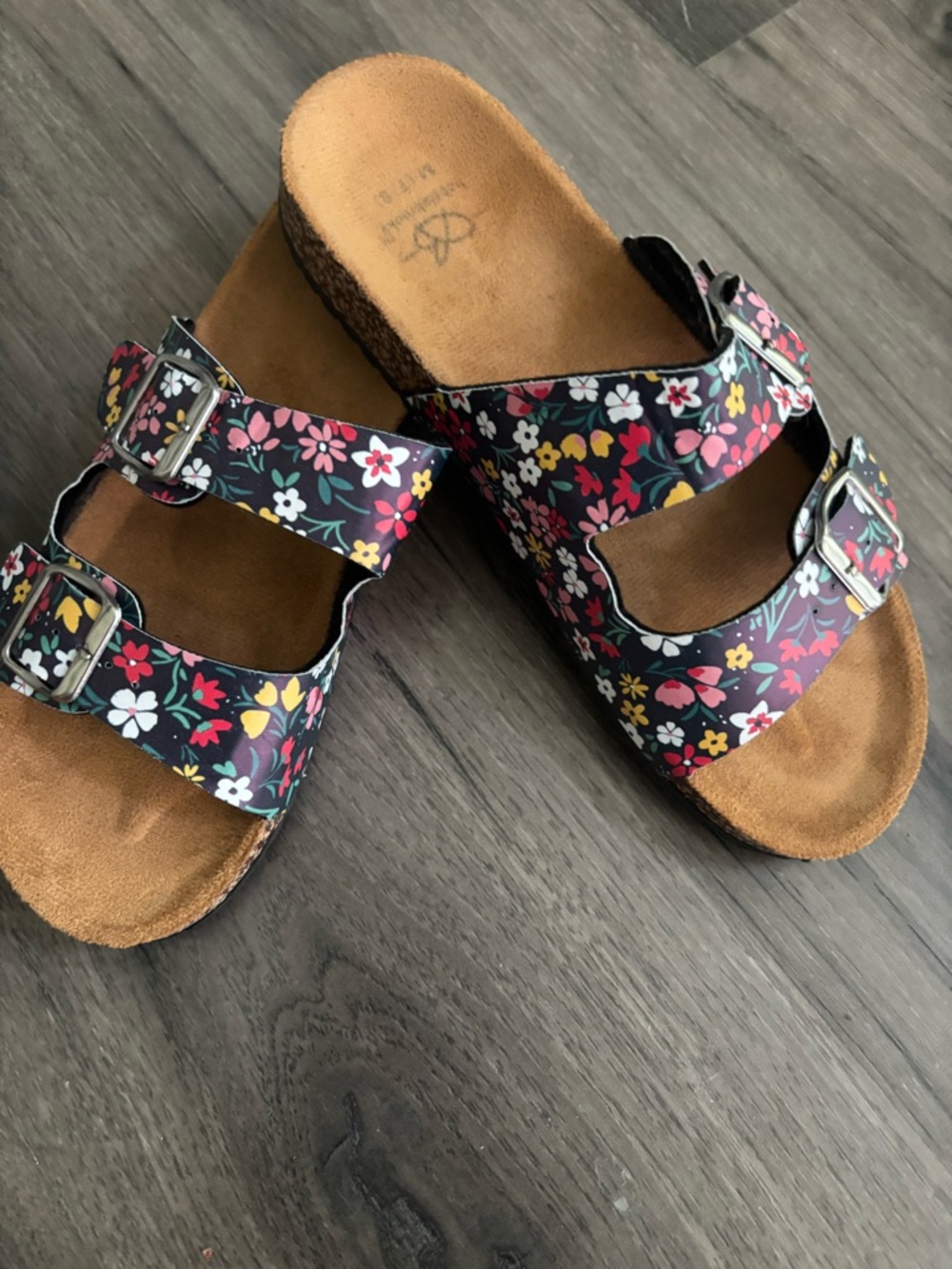 Bobbie Brooks Floral Double Buckle Sandals in Black with Multi-Color Flowers - Picture 2 of 3